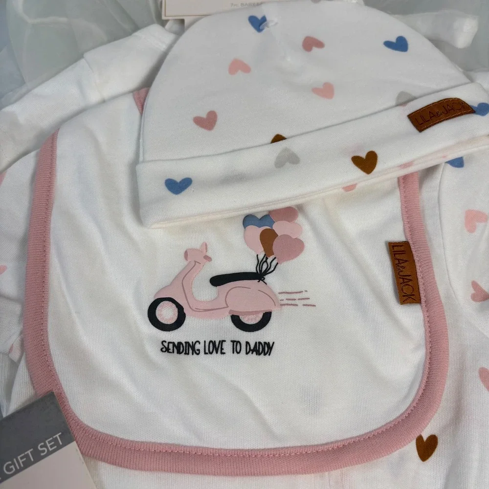 Lila & Jack Girls 6-9M White Heart 7PC Layette Set NWT Footie Bodysuit Bib Hat